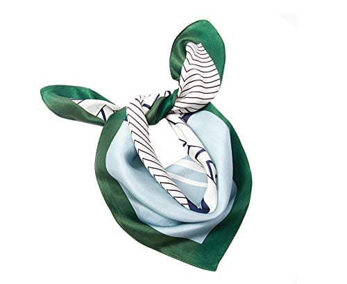 MEISEE Pure Natural Mulberry Silk Scarfs Women Small Square Scarf 21" x 21" Breathable Lightweight Neckerchief Printed Headscarf (Blue and white + green edge)