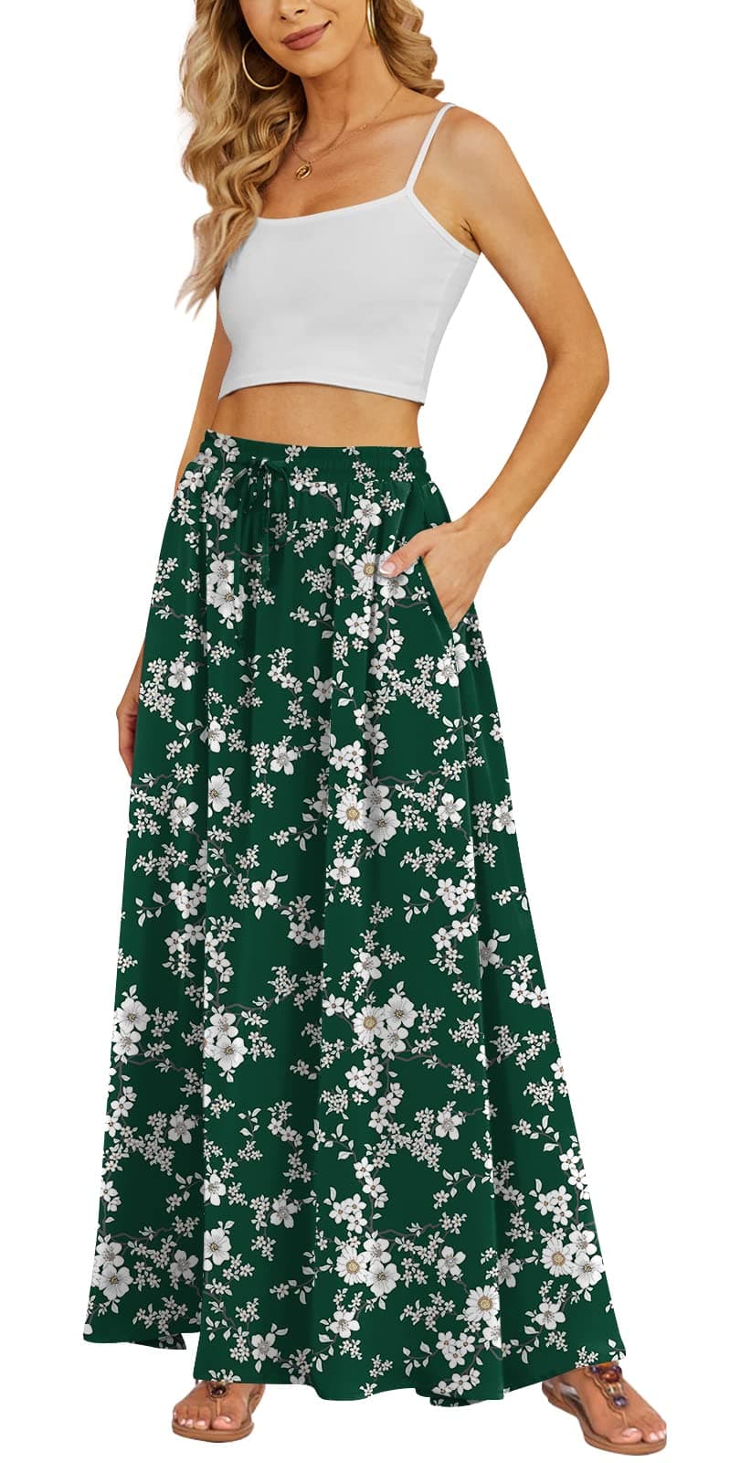 Yincro Women's Flowy Maxi Skirt Summer Pleated High Waisted Casual Long Skirts with Pockets (White Flower Green, XL)