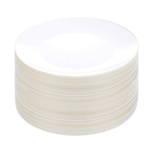Bestluck 100 PCS Gold and White Plastic Plates, 10 inch White Disposable Plates for Party, Plastic Dinner Plates for Party, Graduation, Birthday, Wedding