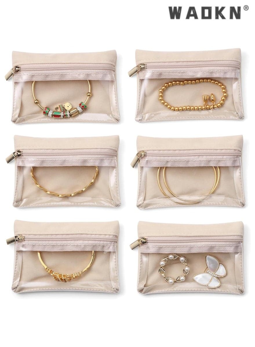 Portable 6-Piece Travel Silk Velvet Jewelry Storage Pouch Set with Internal Transparent Zipper Pockets, Easily Organize Your Travel Jewelry, A Great Helper for Business Trips