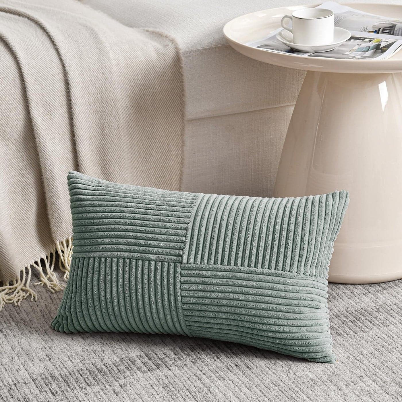 Fancy Homi Grey Blue Lumbar Decorative Throw Pillow Covers 12x20 Inch for Couch Bed Sofa Rustic Farmhouse Boho Home Decor Soft Striped Corduroy Rectangle Accent Cushion Case 30x50 cm