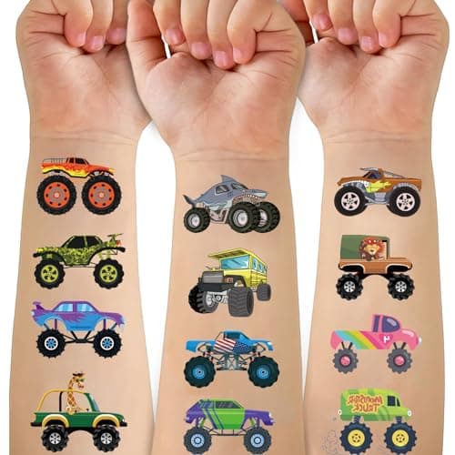 Ozepao Monster Trucks Temporary Tattoo for Kids, 10 Sheets Monster Truck Fake Tattoos for Boys Party Favors, Goodie Bags Stuffers, Brithday Supplies Decorations