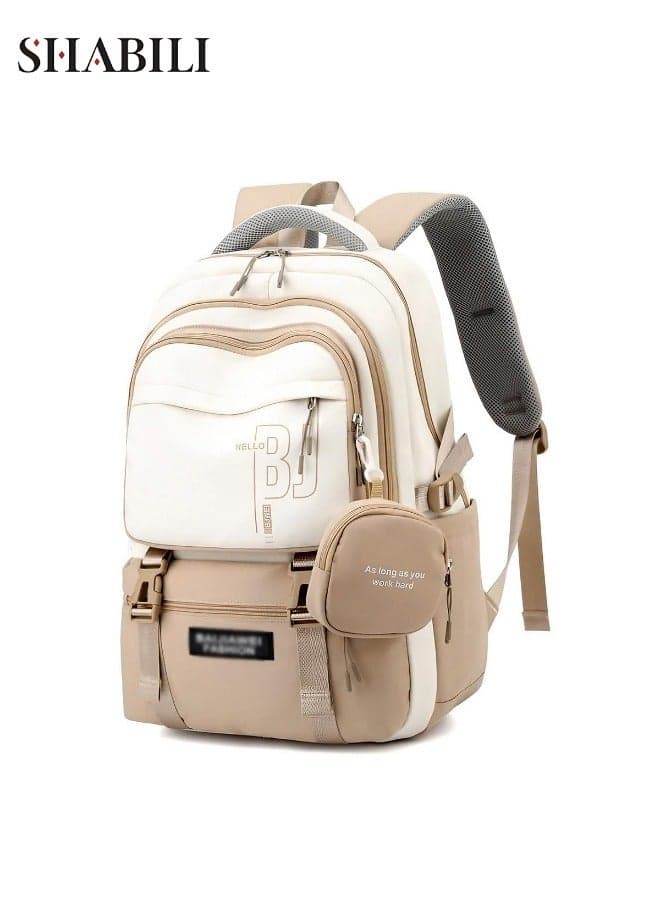 Girls' Capacity Oxford Cloth Backpack School Bag Laptop Tote Briefcase, Women's Zippered Shoulder and Hand Satchel with Multiple Pockets and Detachable Strap, Travel Bag for College Daily Use (Khaki)