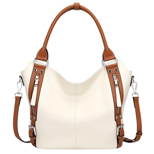 Over Earth Genuine Leather Handbags for Women Hobo Shoulder Bags Ladies Tote Bag(O172E Beige/Brown)
