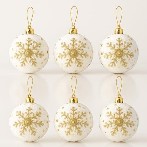 Wanna Party Pack of 6 White and Gold Snowflake Sequin Christmas Ornaments Shatterproof Glitter Foam Balls Xmas Tree Hanging Decor for Xmas Party Supplies