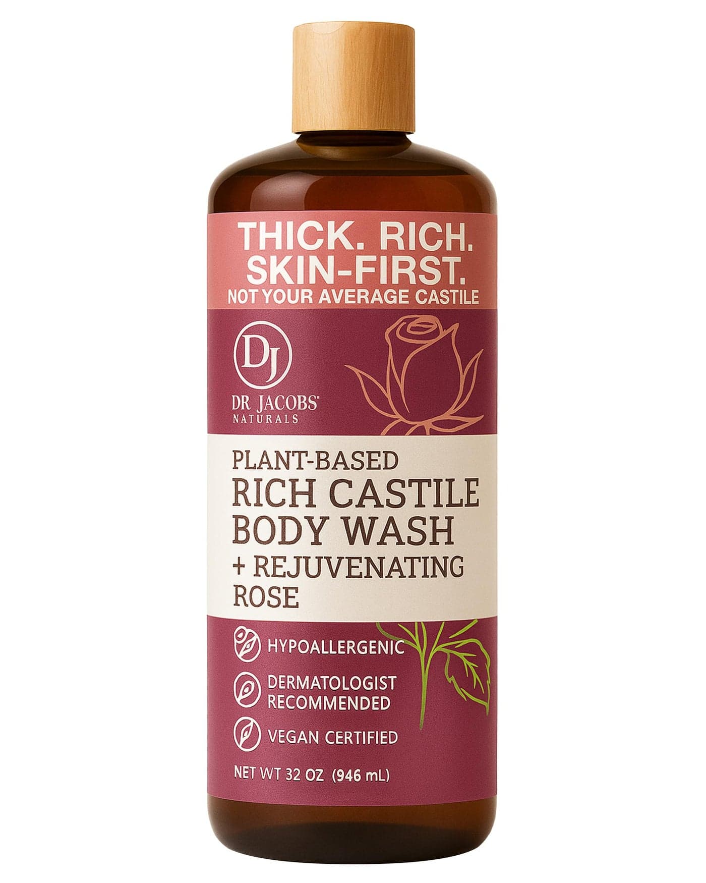 Dr Jacobs Naturals Pure Castile Soap Liquid Body Wash Rose All Natural Body Soap Infused with Vitamin E and Aloe Vera to Moisturize Dry and Sensitive Skin Made in the USA 32 oz Pack of 1