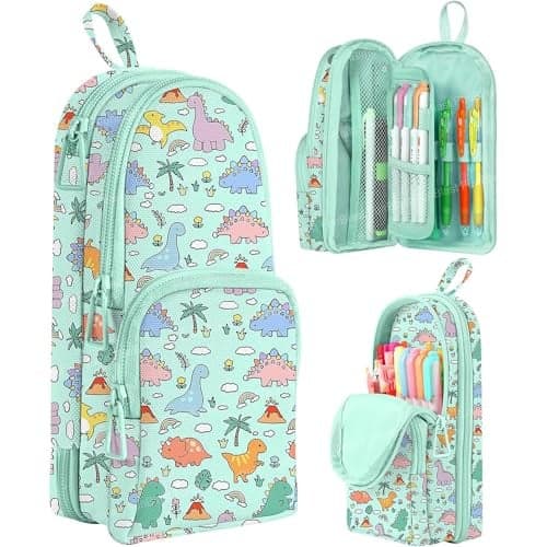 FunBlast Pencil case for Girls, Large Capacity Hangable Triple Layer Canvas Pencil Case, Cute Cartoon for Girls, Kawaii Pencil Case (Dinosaur)