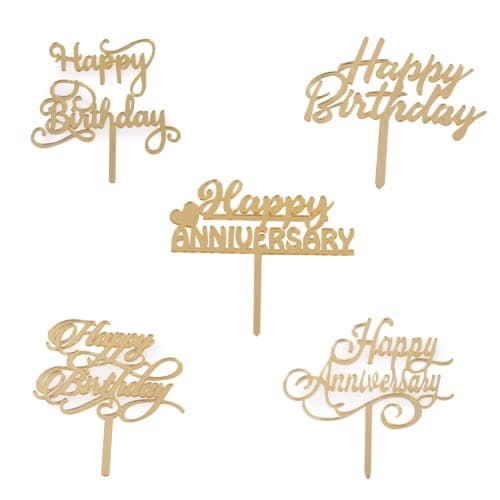 Yorkker Cake Toppers Small (Happy Birthday & Happy Anniversary) Golden Acrylic Cake Toppers for Kids Boy's Girls Adult Birthday Cake Decoration Supplies/Cake Accessories 5 Pcs
