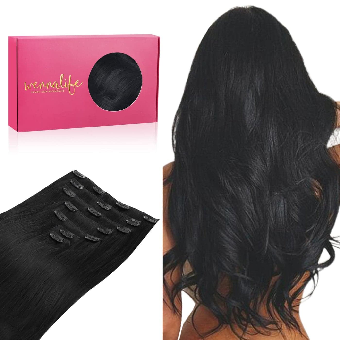 WENNALIFE Clip in Hair Extensions Real Human Hair 18 Inch 120g 7pcs Jet Black Hair Extensions Clip in Human Hair Remy Clip in Hair Extensions Natural Human Hair Extensions Double Weft