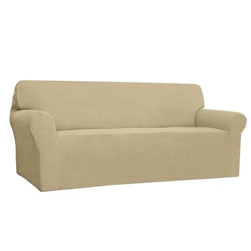 Easy-Going Stretch 4 Seater Sofa Slipcover 1-Piece Sofa Cover Furniture Protector Couch Soft with Elastic Bottom for Kids, Polyester Spandex Jacquard Fabric Small Checks Beige