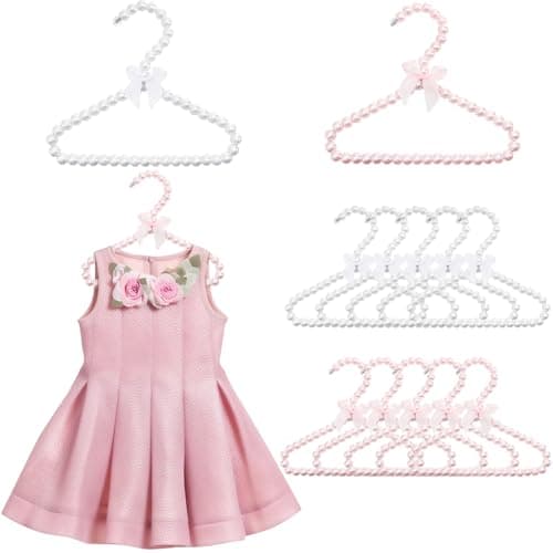 Jowgut 10 Pieces Small Pearl Hangers, 8 Inch Mini Bowknot Clothes Hangers with Ribbon, Elegant Pearl Beads Hanger for Women Pet Dog Cat (Pink, White)