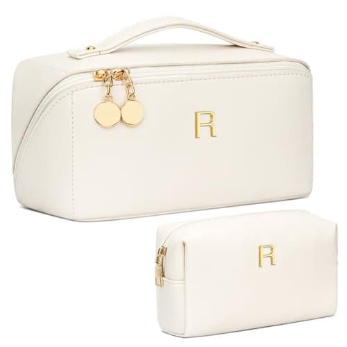 CLOUDWINGS Birthday Gifts for Women Teen Girl Personalized Initial Makeup Organizer Bag Set Open Flat Travel Cosmetic Bag With Clear Divider and HandleBeigeR