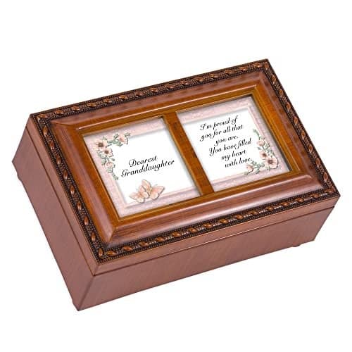 Cottage Garden Dearest Granddaughter Woodgrain Rope Trim Petite Jewelry Music Box Plays You Light Up My Life