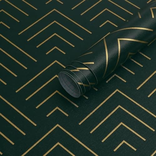 TEKCOOL Self Adhesive Wallpaper Green and Gold Pattern Peel and Stick Wallpaper Gold Lines Geometric Sticky Back Vinyl Removable Contact Paper Wall Covering Decorative Film DIY 45x300cm (Green-3pc)