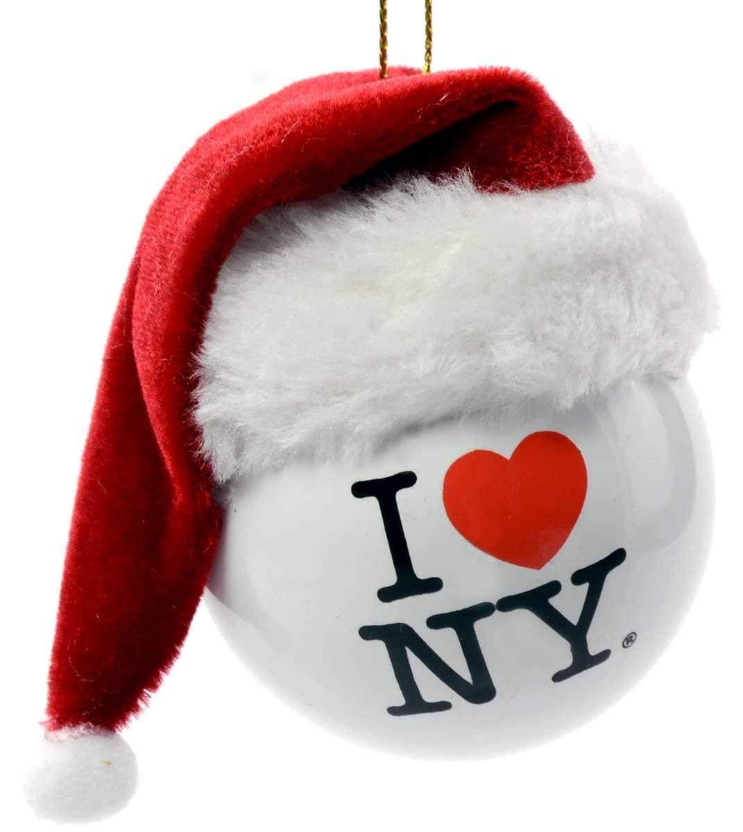Kurt Adler Plastic Ornament for Christmas Tree, I Love NY Ball with Fabric Santa Hat, 3.5"