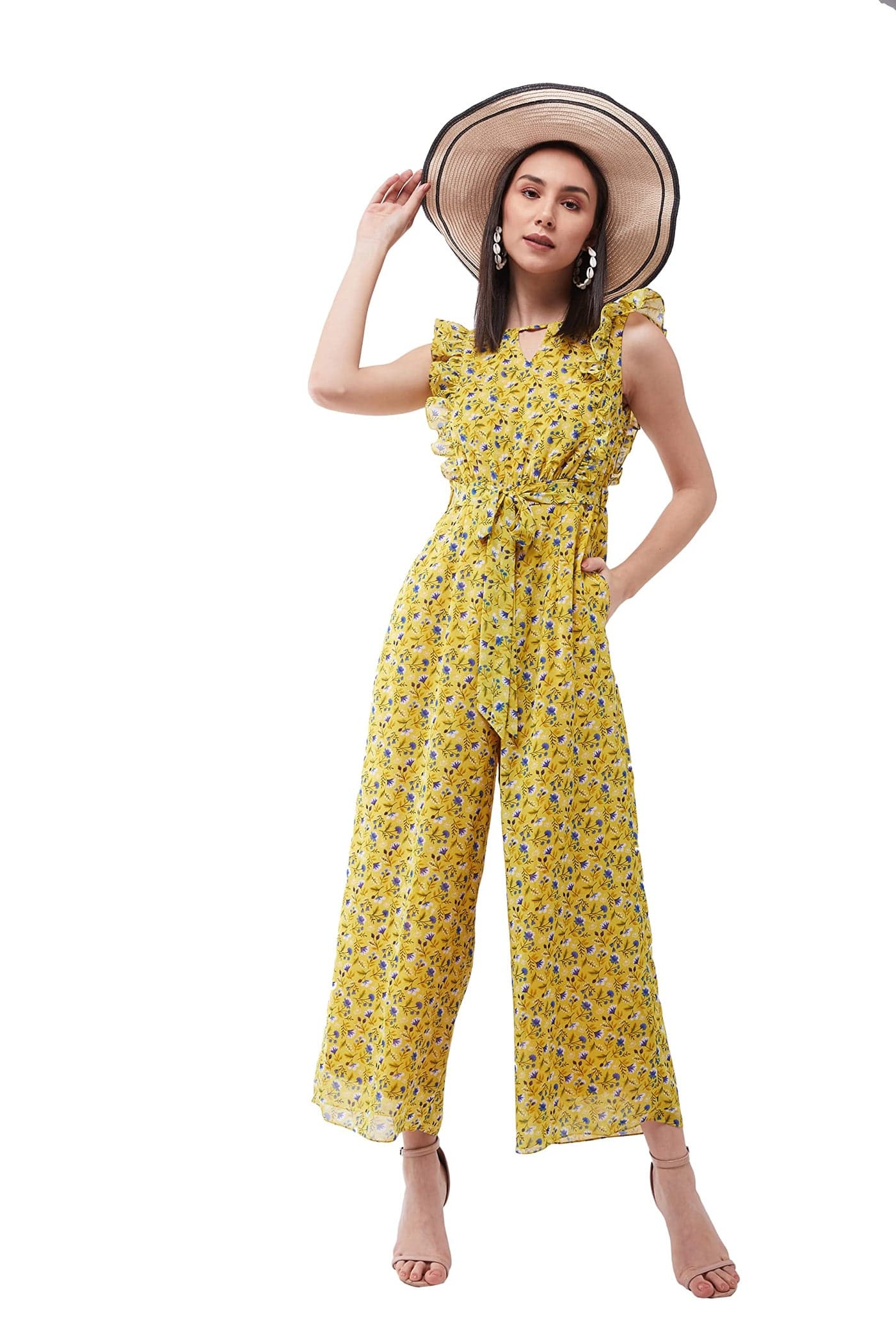 Miss Chase Women's Multicolored- Base- Yellow Round neck Sleeveless Floral Wide Leg Regular Jumpsuit (MCAW21D04-90-224-03,Multicolored- Base- Yellow,S)
