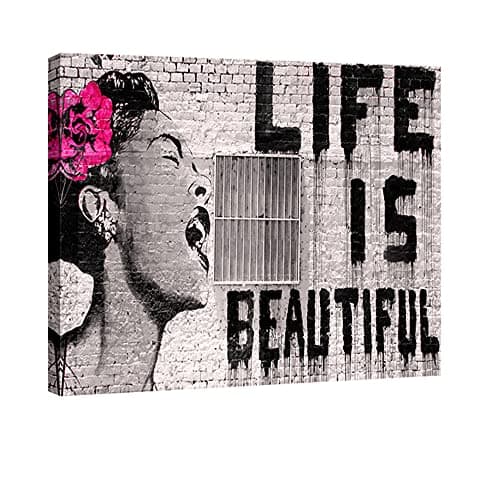 Wieco Art Abstract Giclee Canvas Prints Wall Art Ready to Hang for Kitchen Home Office Decor Banksy Life is Beautiful Large Modern Stretched and Framed Grey Impressionist Pictures Paintings Artwork