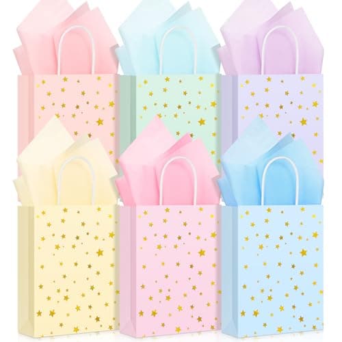 Pajean 24 Pack Star Party Favor Bags Gift Bags with Handle Colorful Paper Star Goodie Bag Kraft Goodies Treat Bag with Tissues for Birthday Baby Shower Wedding Party Favors Supplies