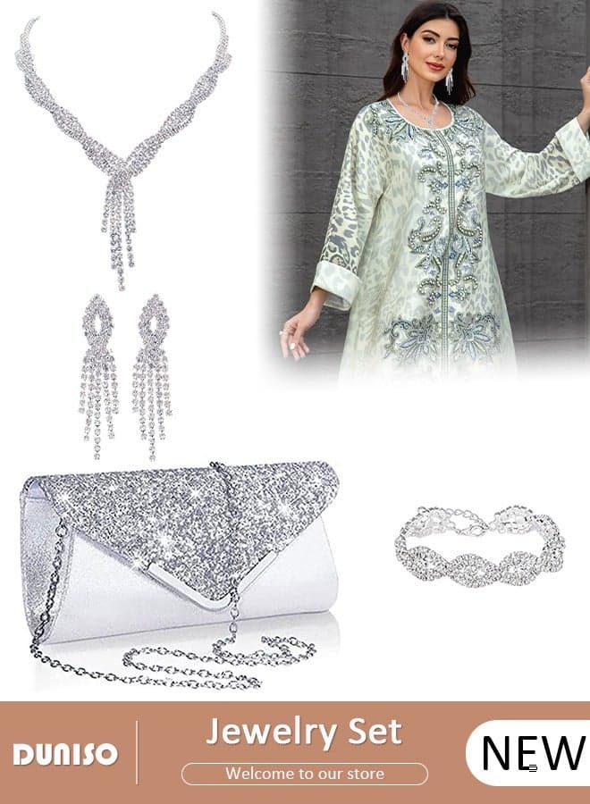 4Pcs Silver Jewelry Set with Clutch Purse, Deluxe Bag for Light Luxury Dinner Party, Rhinestone Ear Clip, Bridal Wedding Choker Bracelet, Fringe Jewelry Set, Women Rhinestone Evening Clutch Bag