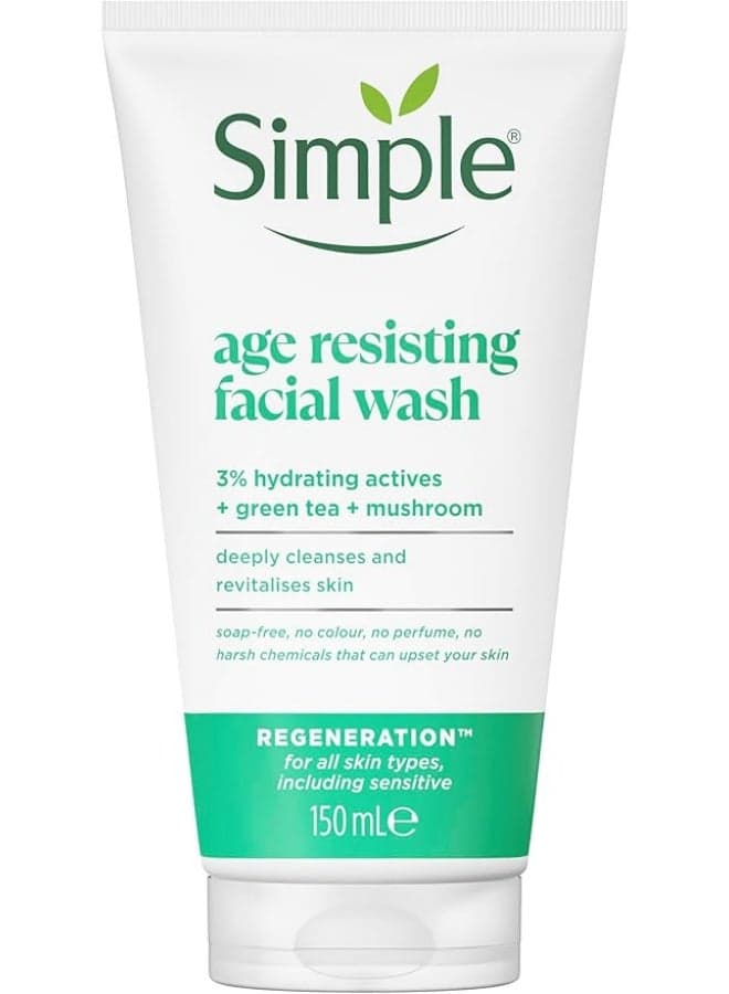 Simple Regeneration Age Resisting Facial Wash with green tea and prebiotic cleanser for revived and revitalised skin, 150ml