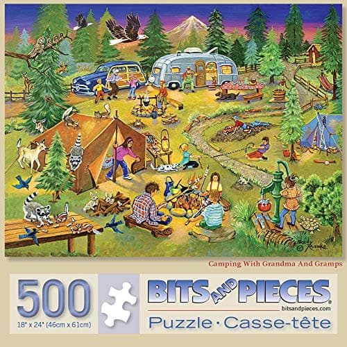 Bits and Pieces Large 500 Piece Jigsaw Puzzle for Adults Camping with Grandma and Gramps Jigsaw Puzzle by Artist Sandy Rusinko Completed Puzzle Size 18 x 24