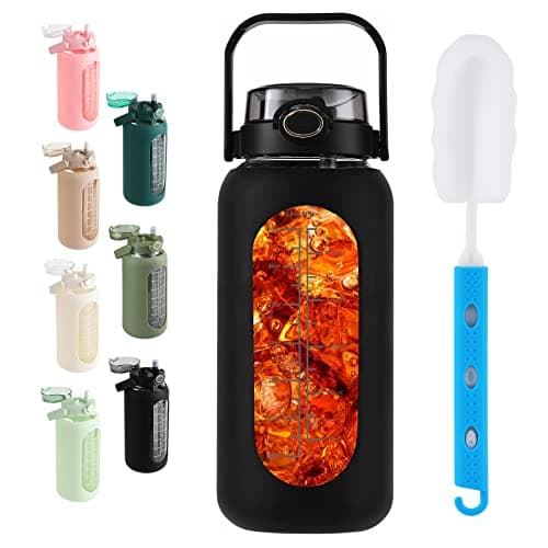 SIEROZUR 64oz Glass Water Bottle with 2-in-1 Straw Lid Large Half Gallon Water Bottle with Time Marker & Removable Silicone Sleeve,Wide Mouth BPA-Free Borosilicate Bottle for Gym, Workout & Daily Use