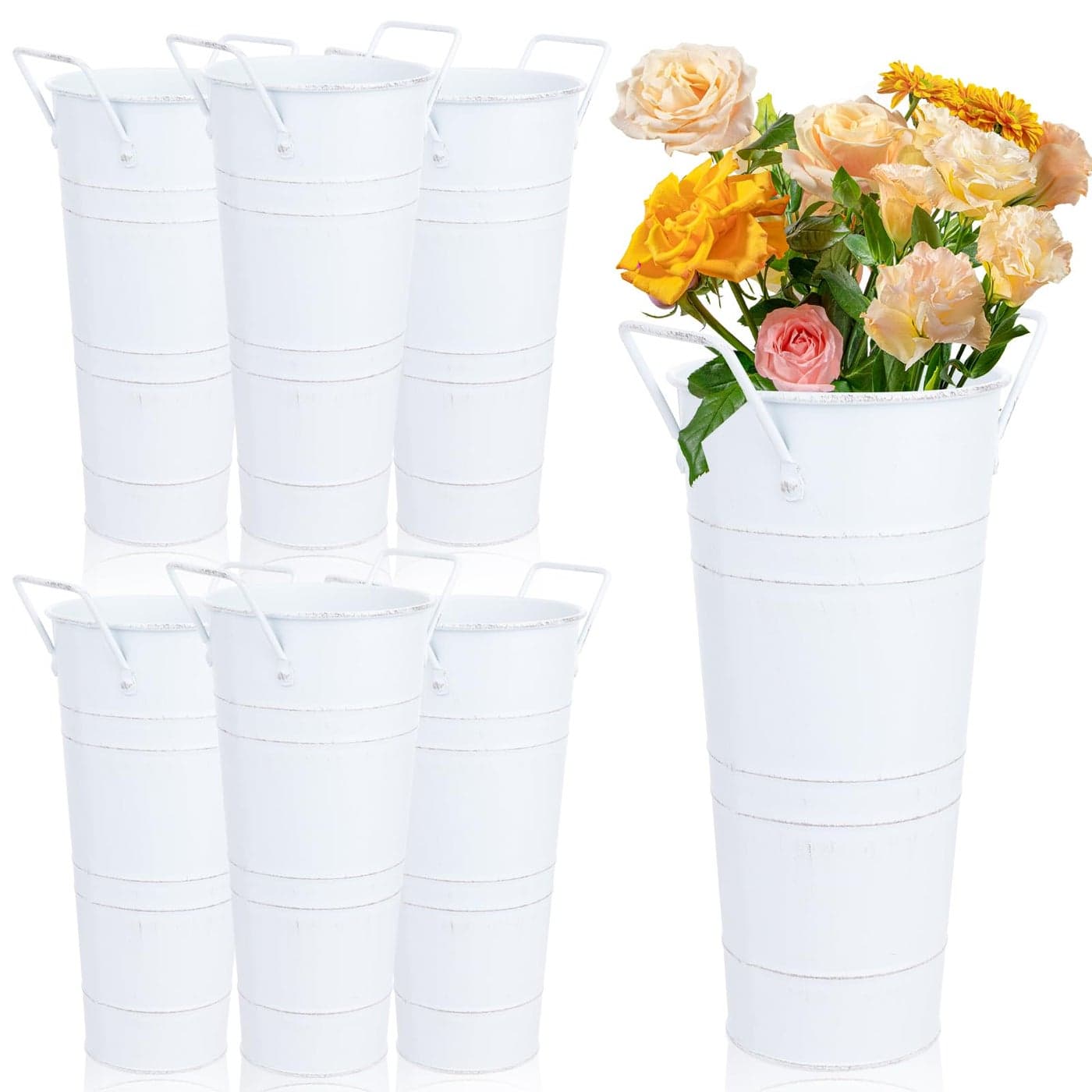 Dualshine 6 Pcs Galvanized Bucket Bar 10 Inch Flower Bucket and Metal Vase with Handles Farmhouse Vases for Wedding and Cut Flowers Balcony Garden White