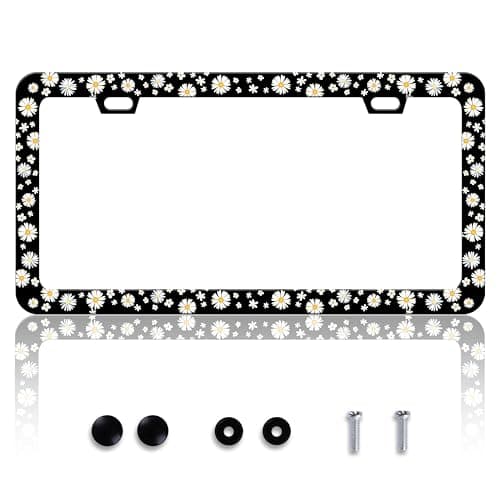 Beautiful Daisy License Plate Frame Daisies License Plate Holder Personalise Stainless Steel Funny Design Compatible with Standard License Plate Holder for USA and Canada 6 X 12 Inch with Screws
