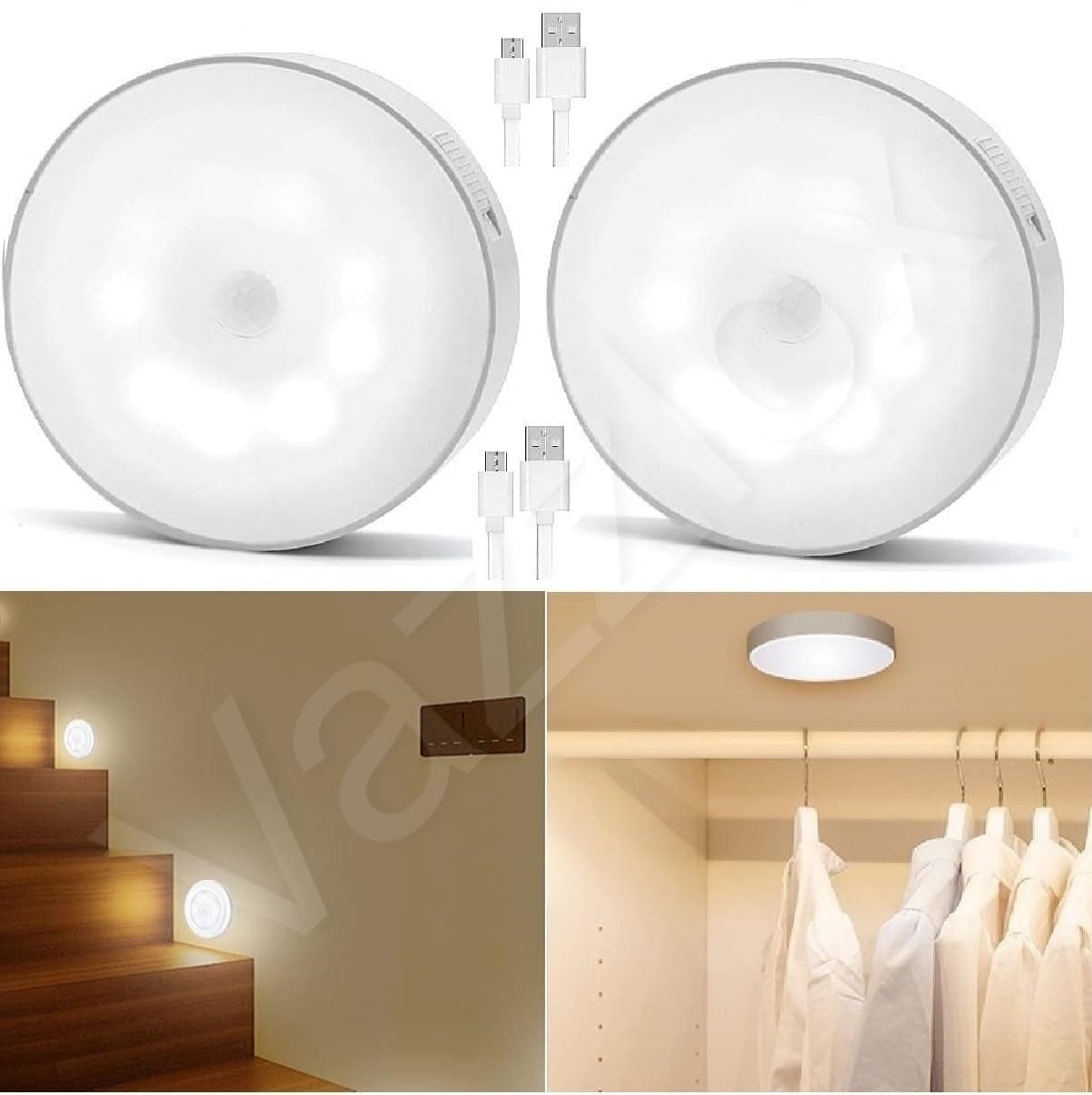 VazzLox Motion Sensor Light for Home Pack of 2 with USB Charging Wireless Self Adhesive LED Body Induction Lamp Sensor Light for Wardrobe Lights with Sensor Night Light for Cupboard Stairs White