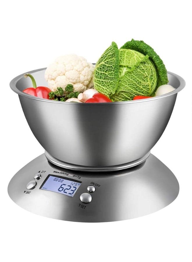 Food Kitchen Scale Bowl Digital Gram and OZ for Cooking Baking Dieting Weight Loss with Removable Bowl 2.15L Volume Room Temperature Timer Backlight LCD Display Stainless Steel 11lb/5kg