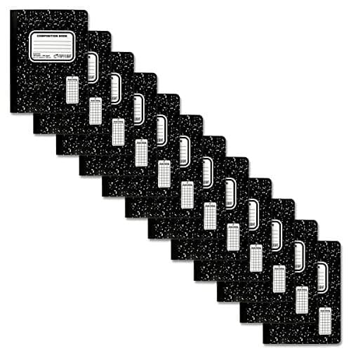 Top Flight Sewn Marble Composition Book, Black/White, Quad Rule, 4 Squares per Inch, 9.75 x 7.5 Inches, 100 Sheets, Pack of 12 (4511928)