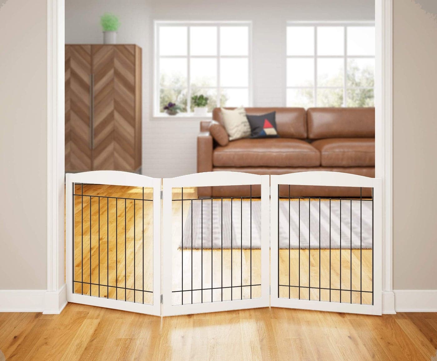 PAWLAND Extra Wide Dog gate for The House Doorway Stairs Freestanding Foldable Wire Pet Gate Pet Puppy Safety Fence 30 Height White 3 Panels