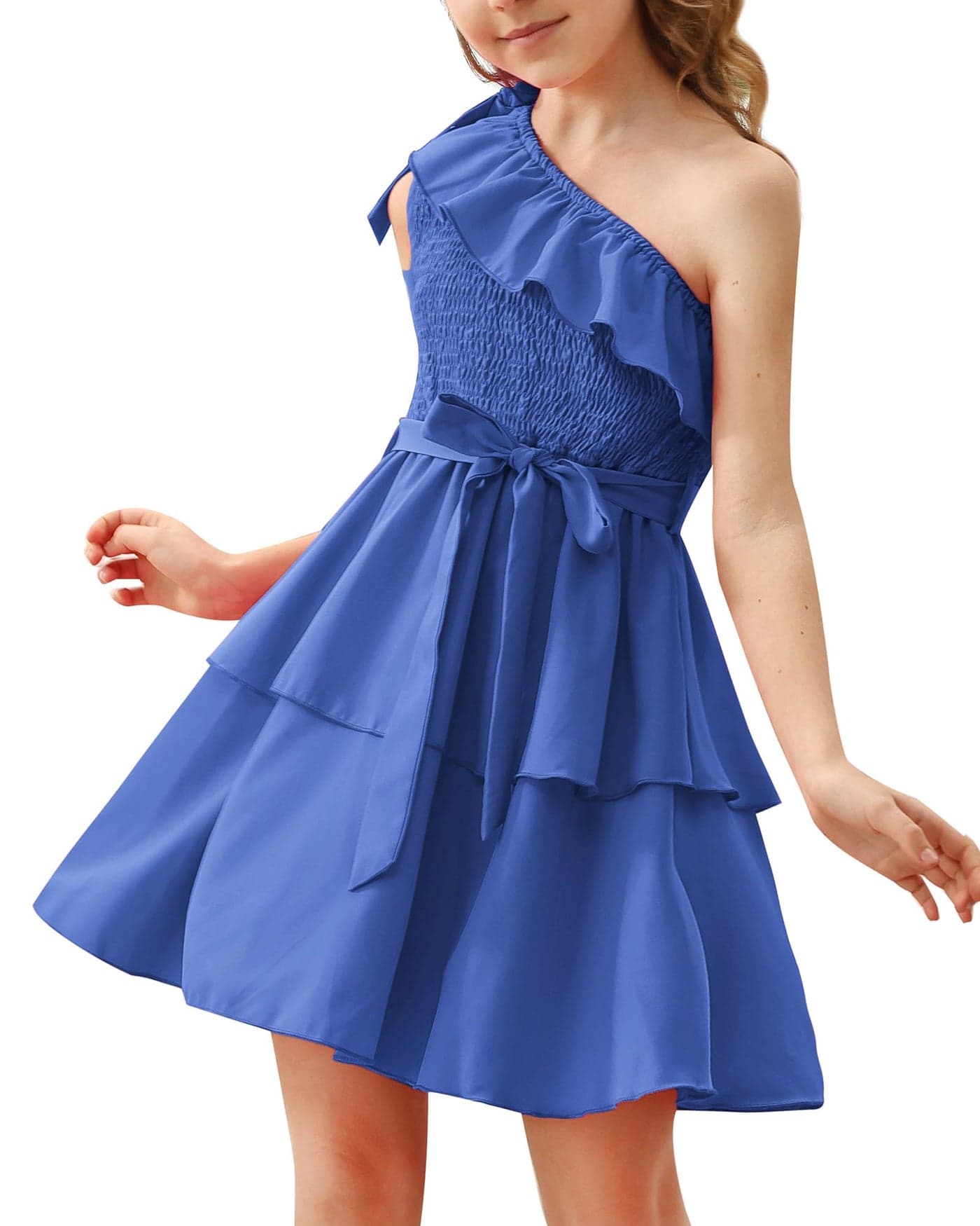 Danna Belle Girl Party Dress One Shoulder Summer Layer Party Blue Ruffle Kids Girl Fancy Dress Size 6-7