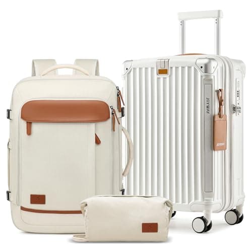 Joyway 20in Carry On Luggage with Cup Holder and USB Port, 25% Expandable Capacity, Smart Suitcase with Anti Slip Wheels and Backpack, Perfect for Men and Women 3 Piece Set White