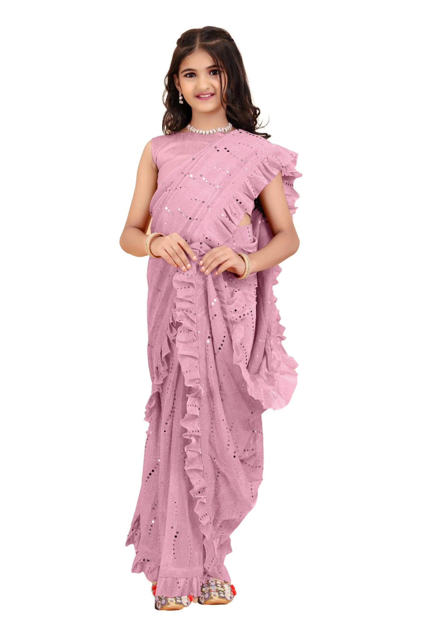 Xavima Kids Supernet Embellished Ready to Wear Saree With Unstitched Blouse Piece- Pink_Size : 5_6 Years