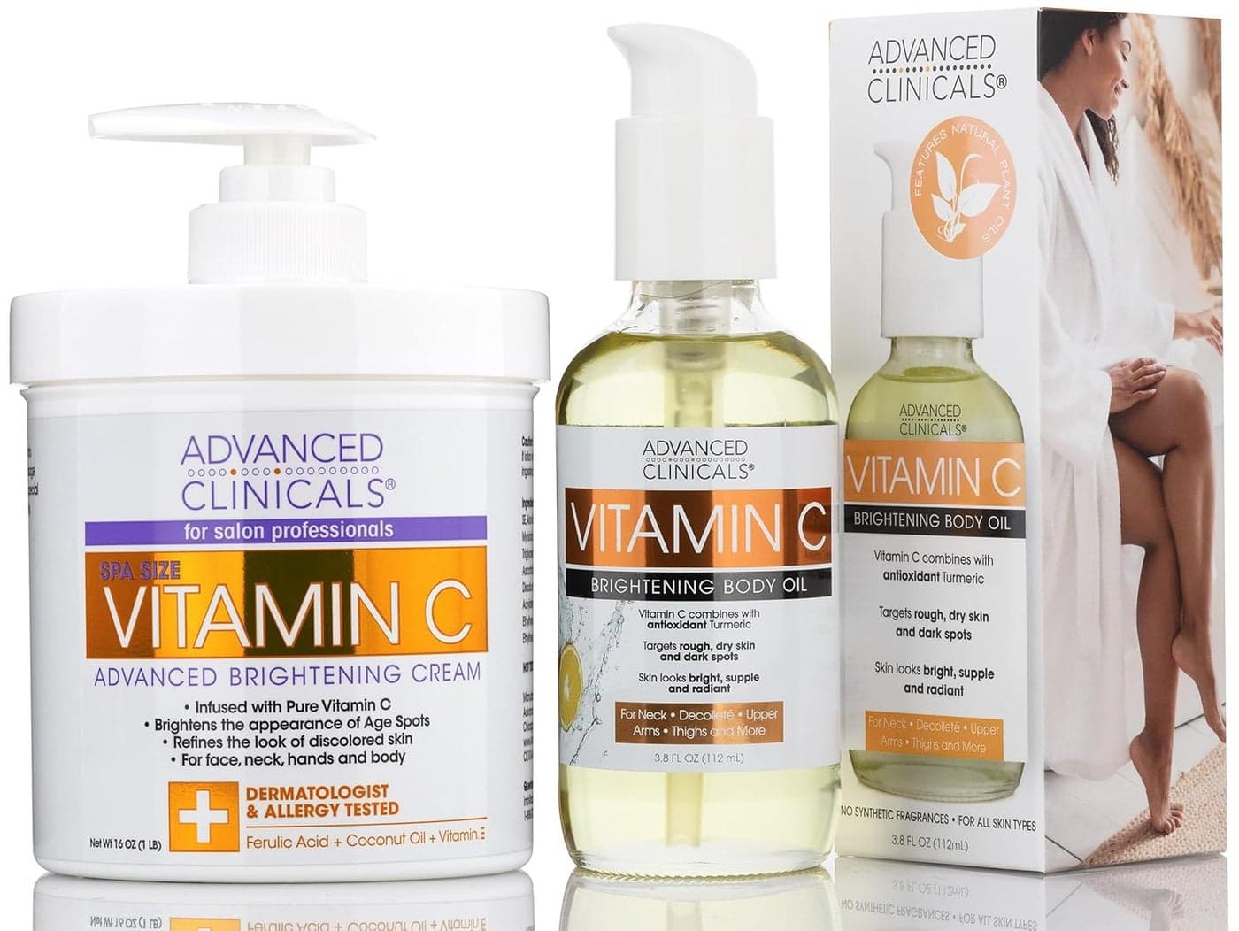 Advanced Clinicals Brightening Vitamin C Cream Moisturizer Vitamin C Body Oil Skin Care Set Nourishing Brightening Hydrating Body Oil Body Lotion For Dark Spots Dry Skin Stretch Marks