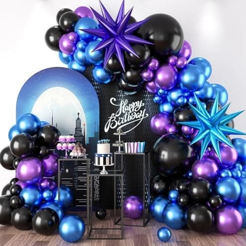 Black Purple Blue Balloon Arch Kit, Metallic Purple Blue Balloons Garland Kit with Star Balloons for Kids Video Game Party Decoration Baby Shower Engagement Party Supplies