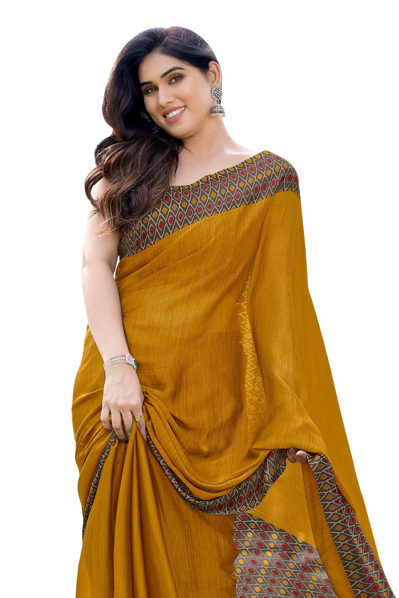 MIRCHI FASHION Women's Plain Weave Chiffon Contrast Border Printed Saree with Blouse Piece (33034 - Golden, Brown)