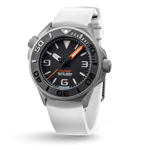 UNDONE Aquadeep Automatic Dive Watch for Men 43mm 500M Water Resistance Wristwatch Diver for Men with Rubber Strap Black Dial White Rubber Strap
