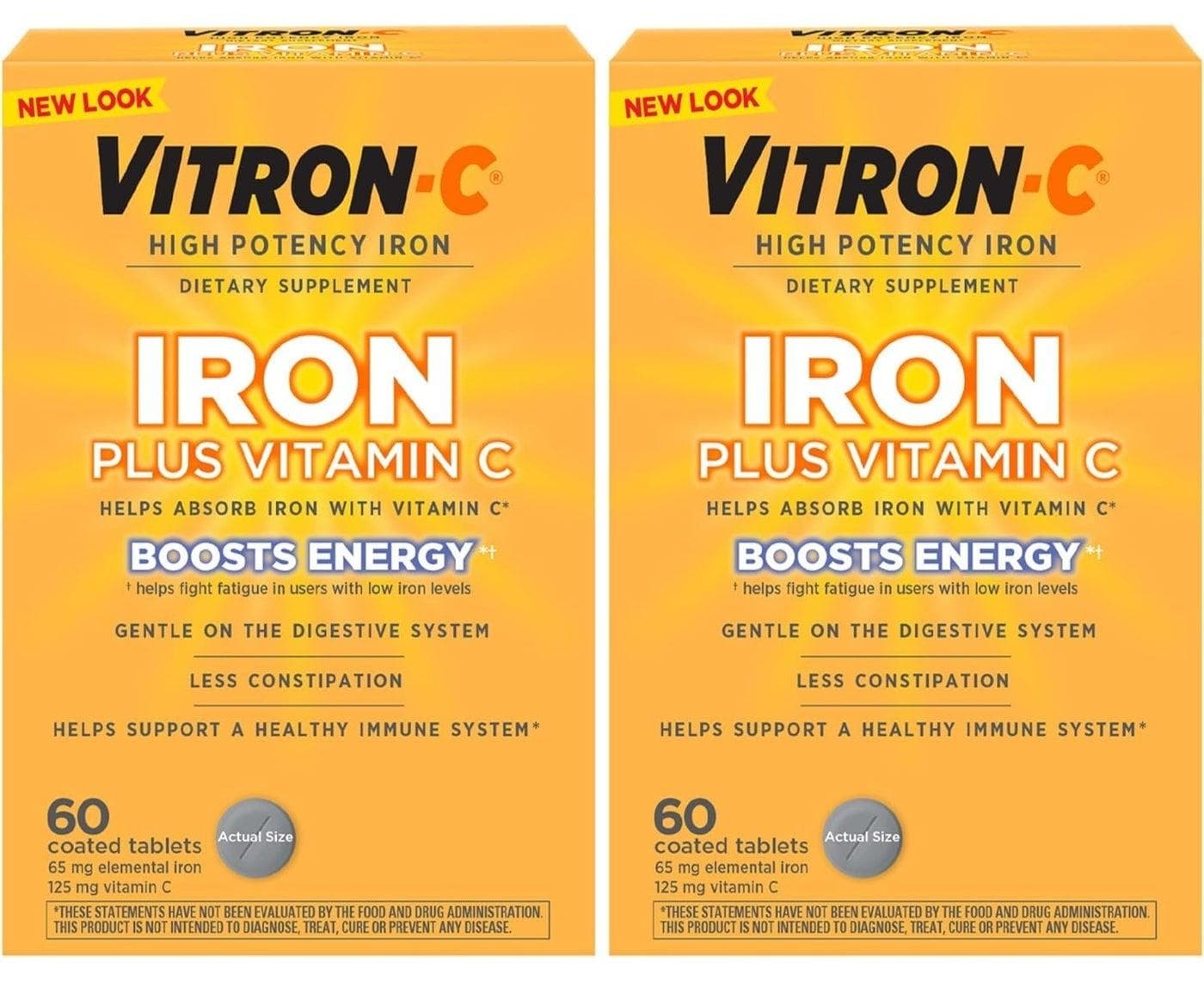 Iron Supplement, Once Daily, High Potency Iron Plus Vitamin C, Support Red Blood Cell Production, Dye Free Tablets, 60 Count, 2 Pack