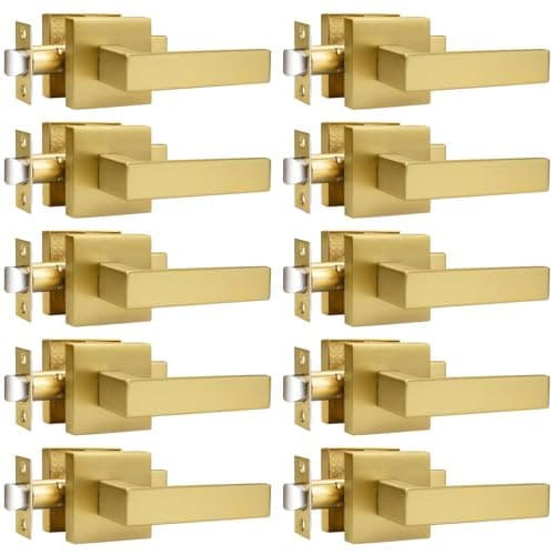 Probrico 10 Pack Square Brushed Gold Passage Door Handle Heavy Duty Keyless Door Lever Lock for Hallway Closet Interior Satin Brass Door Knobs Lockset