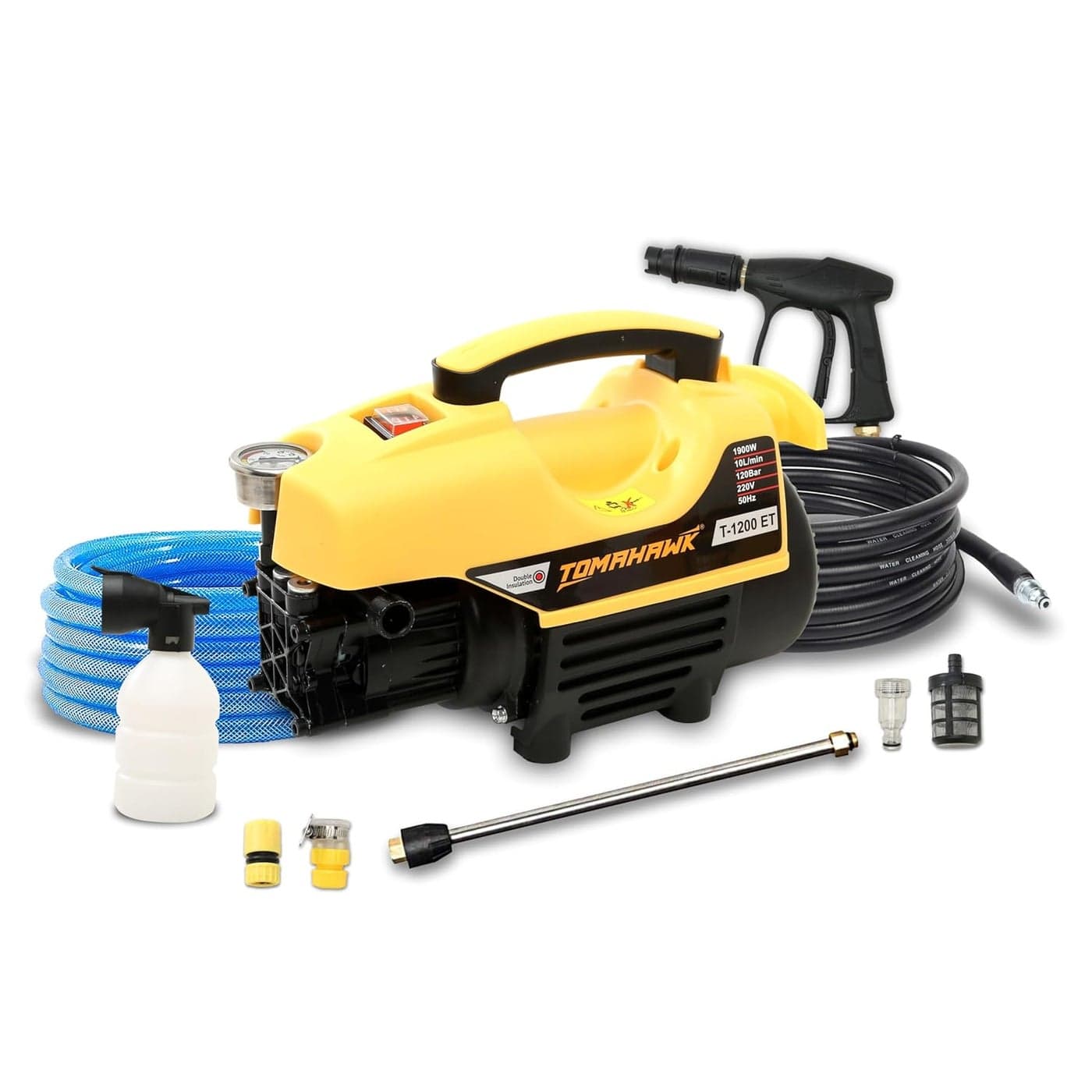 TOMAHAWK Pressure Washer T1200 1900W 120 Bar 10Lmin Flow 8m Hose Pipe Adjustable Pressure Settings Durable Design