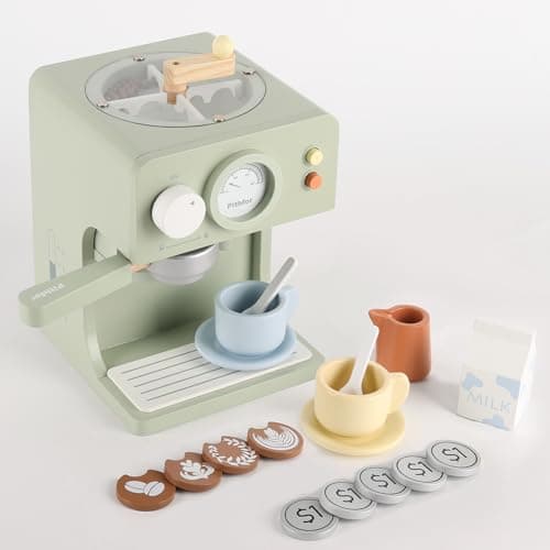 Pithfor Kids Wooden Coffee Maker Toy with Grinder Pretend Play Kitchen Appliances Accessories Toy Gift for Kids Toddlers Boys Girls