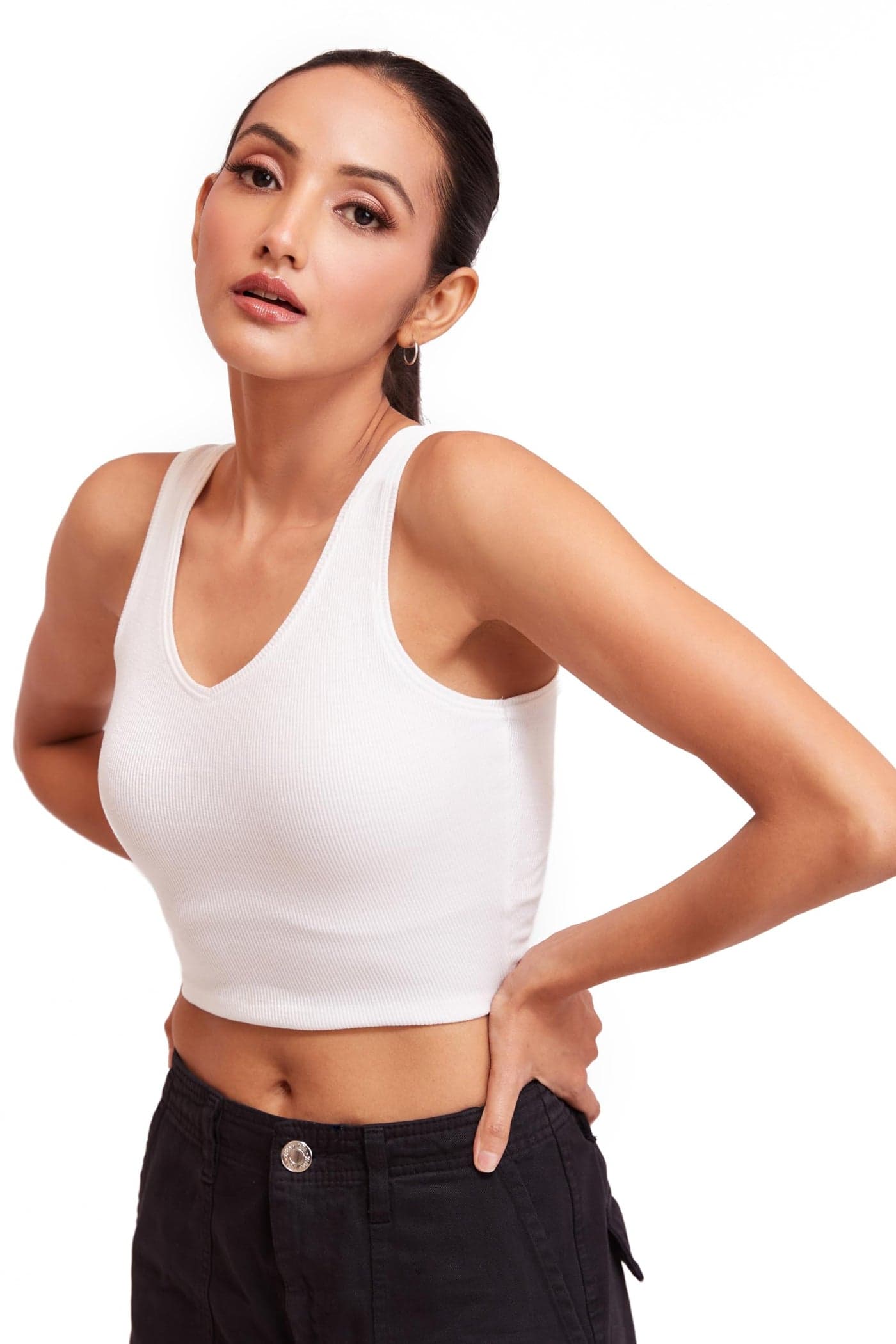 BERRY BIRD® Sleeveless V- Neck Slim Fit Ribbed Knit Tank Crop Tops for Women & Girls Casual Beach and Gym Wear and Western Trendy Fashion White