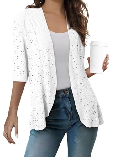 Sidefeel Women's Summer Lightweight Open Front Cardigans Spring Fashion Knit Ruffle Half Sleeve Kimono Cardigans Sweaters White Large