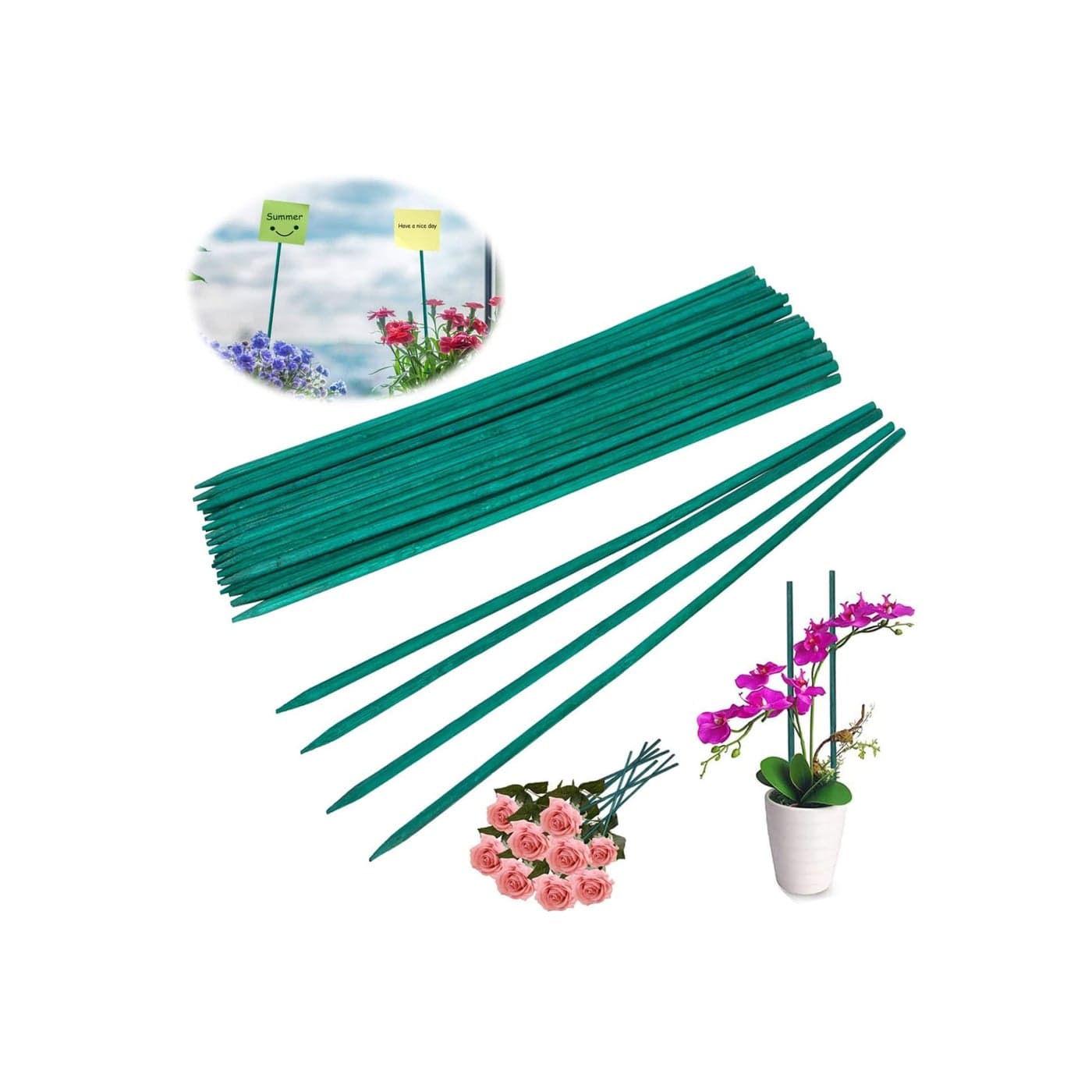 Garden Stakes Green Bamboo Sticks Decorative, Wooden Plant Support Sticks, Green Wood Plant Stakes, Floral Plant Support Stakes, Wooden Sign Posting Garden Sticks and DIY Activities