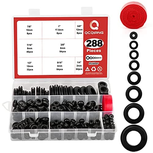 QCQIANG 288Pcs Rubber Grommet Kit, O Ring Washer Eyelet Ring Gasket Plugs Wire Protection with Cable Sticky Tape, 8 Sizes 1/4" 5/16" 3/8" 7/16" 1/2" 5/8" 7/8" 1" (Black)
