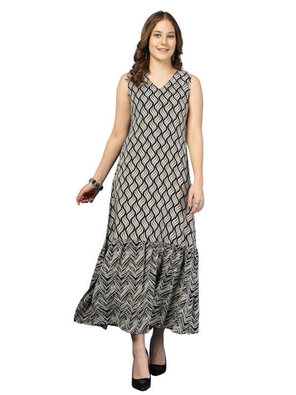 Daevish New Rayon Printed Flared Maxi Dress for Women | Women Maxi Length Dress Black