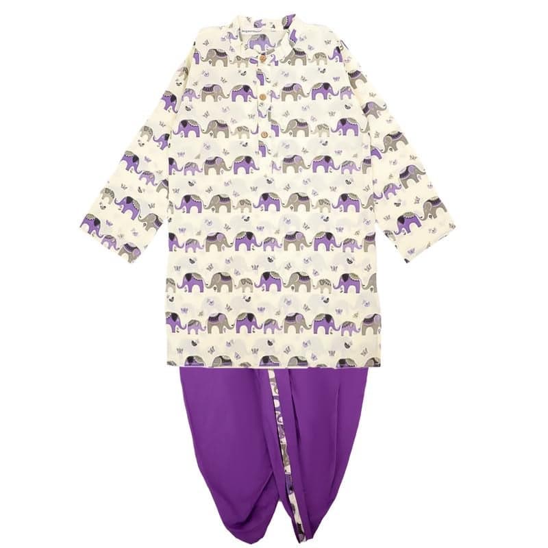 superminis Boys Dhoti Kurta Set Cotton Animal Print Full Sleeves Ethnic Wear for Kids Boys | Kurta Dhoti for Baby Boy | Traditional Dress for Festive (12-18 Months, Purple Lemon)
