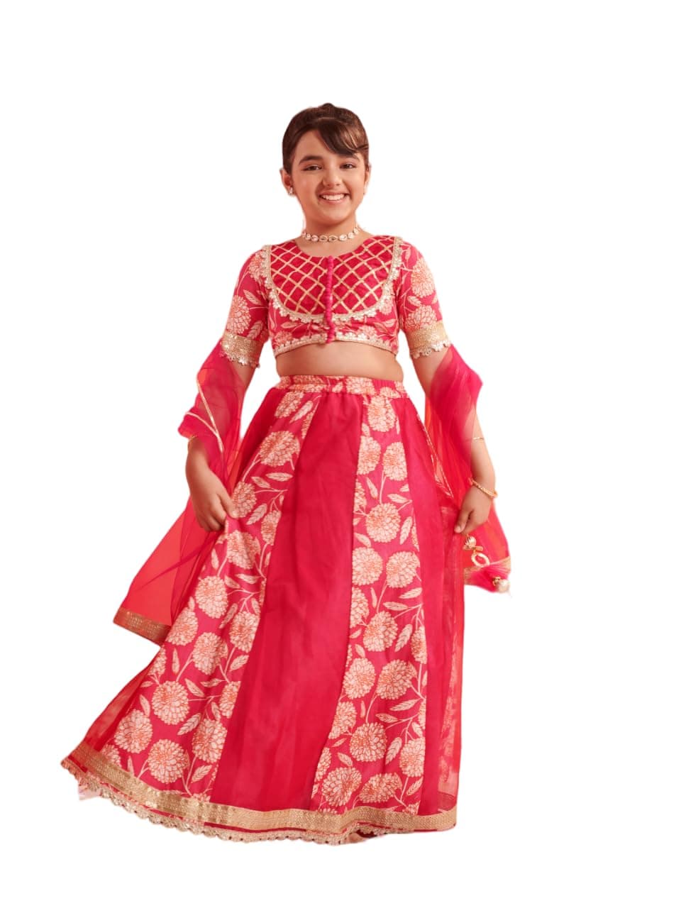 Pspeaches Girls 3/4th Sleeves Round Neck Floral Print Lehenga And Choli With Dupatta 3 Piece Set|Ethnic Wear For Kids Girls|Traditional & Festive Outfit 7-8 Year Magenta